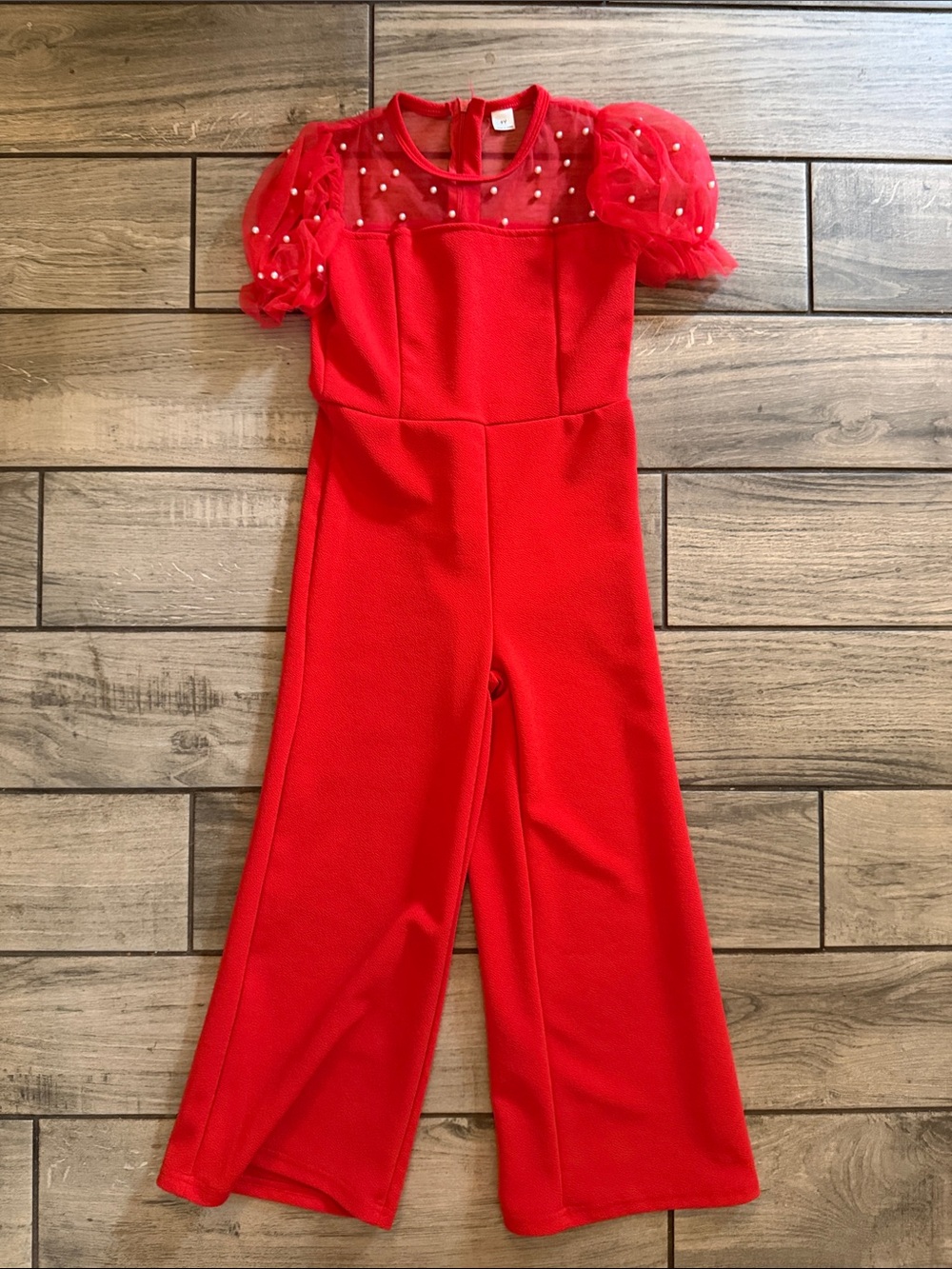 SHEIN Red Pearl-Accent Puff-Sleeve One-Piece